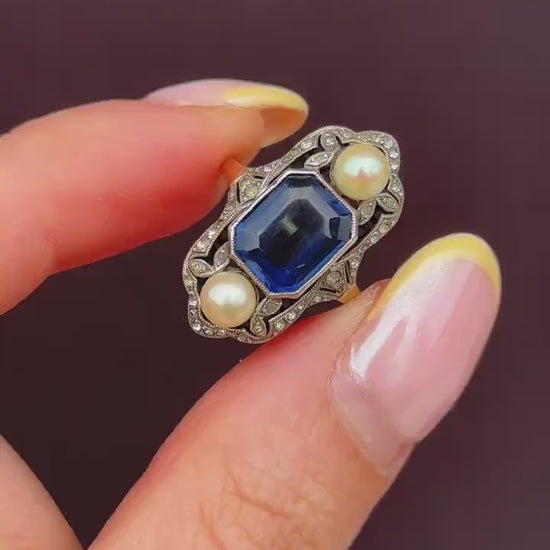 Antique Art Deco French Blue Paste and Pearl 18ct Gold Ring