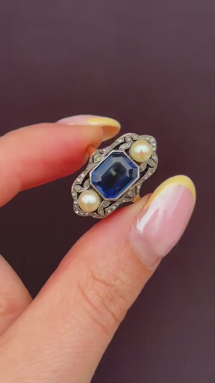 Antique Art Deco French Blue Paste and Pearl 18ct Gold Ring