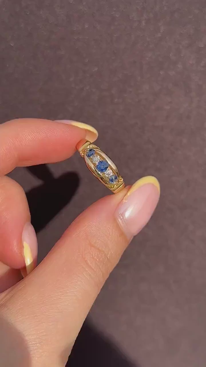 Antique Sapphire and Diamond 18ct Yellow Gold Boat Ring | Birmingham 1896