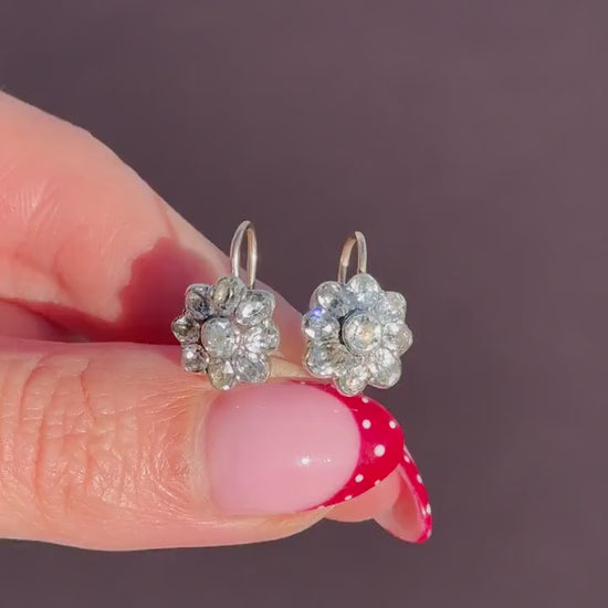 Antique Georgian Paste Silver and 9ct Gold Flower Earrings