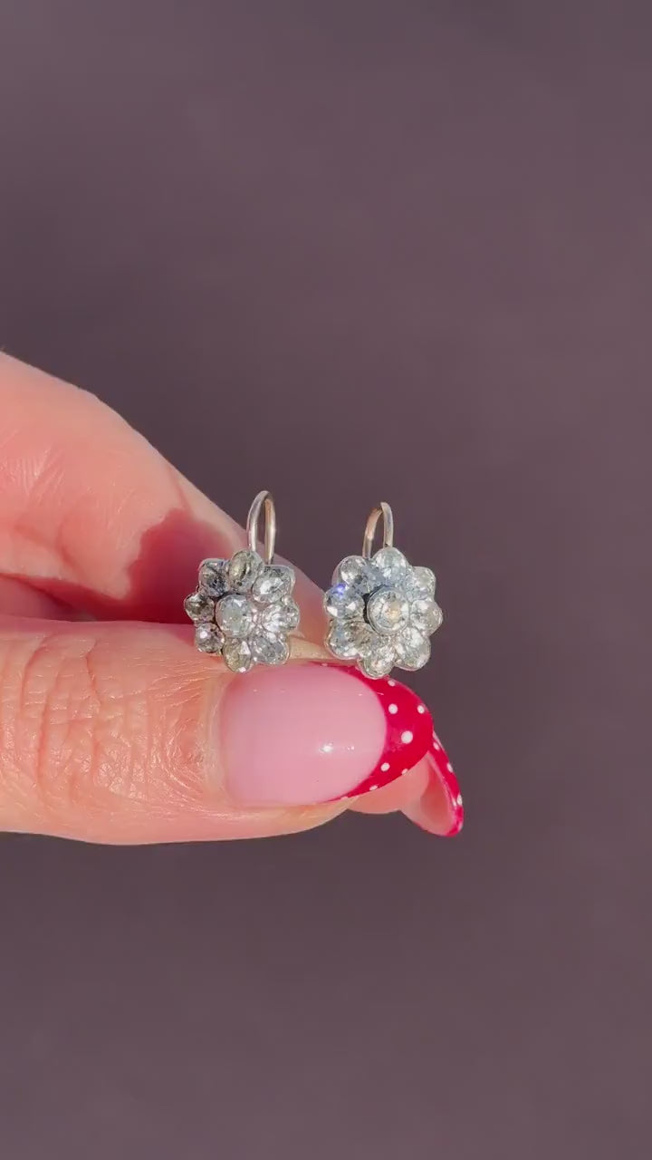 Antique Georgian Paste Silver and 9ct Gold Flower Earrings