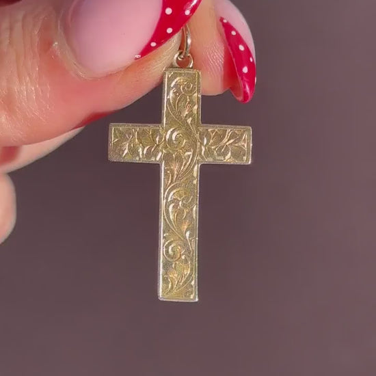 Antique Edwardian 9ct Gold Floral Ivy Engraved Cross Pendant