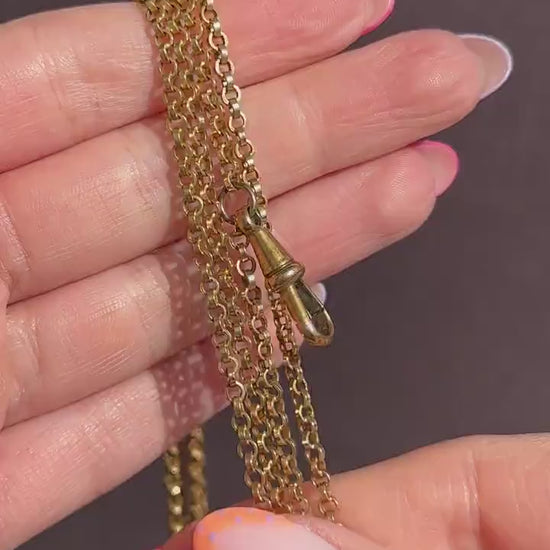 Antique Rolled Gold Rolo Link Guard Chain Necklace with Dog Clip | 54"
