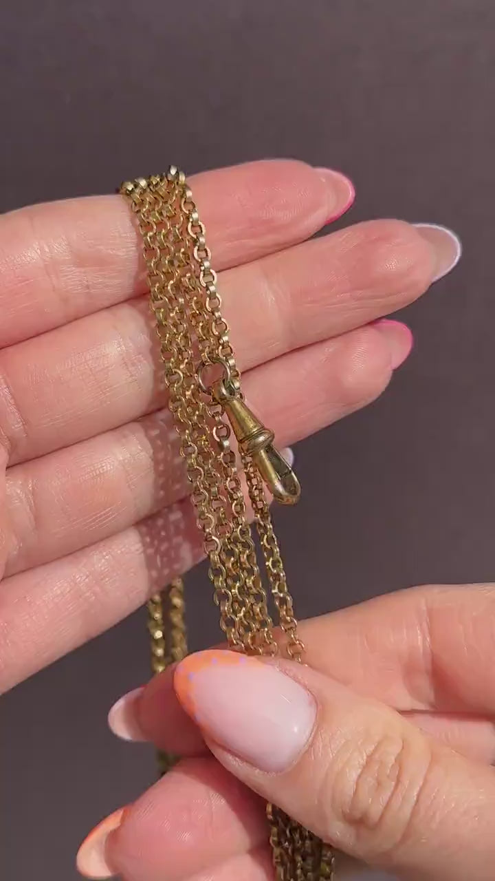 Antique Rolled Gold Rolo Link Guard Chain Necklace with Dog Clip | 54"