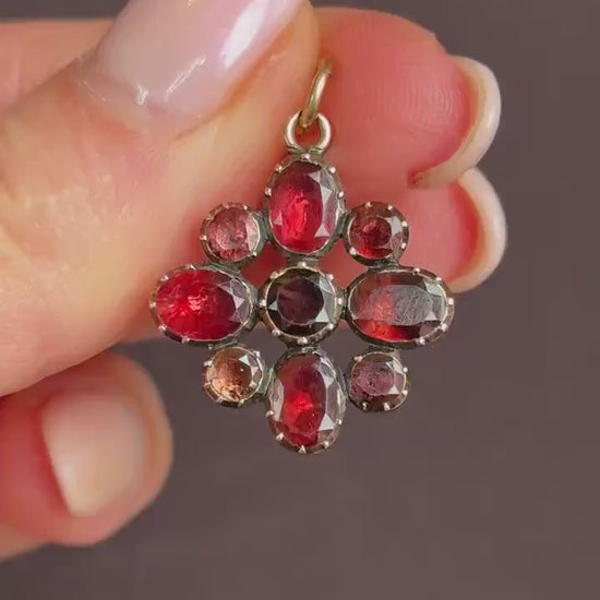 Antique Georgian Flat Cut Garnet Flower Gold Pendant