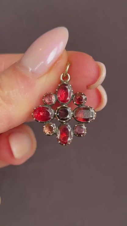 Antique Georgian Flat Cut Garnet Flower Gold Pendant