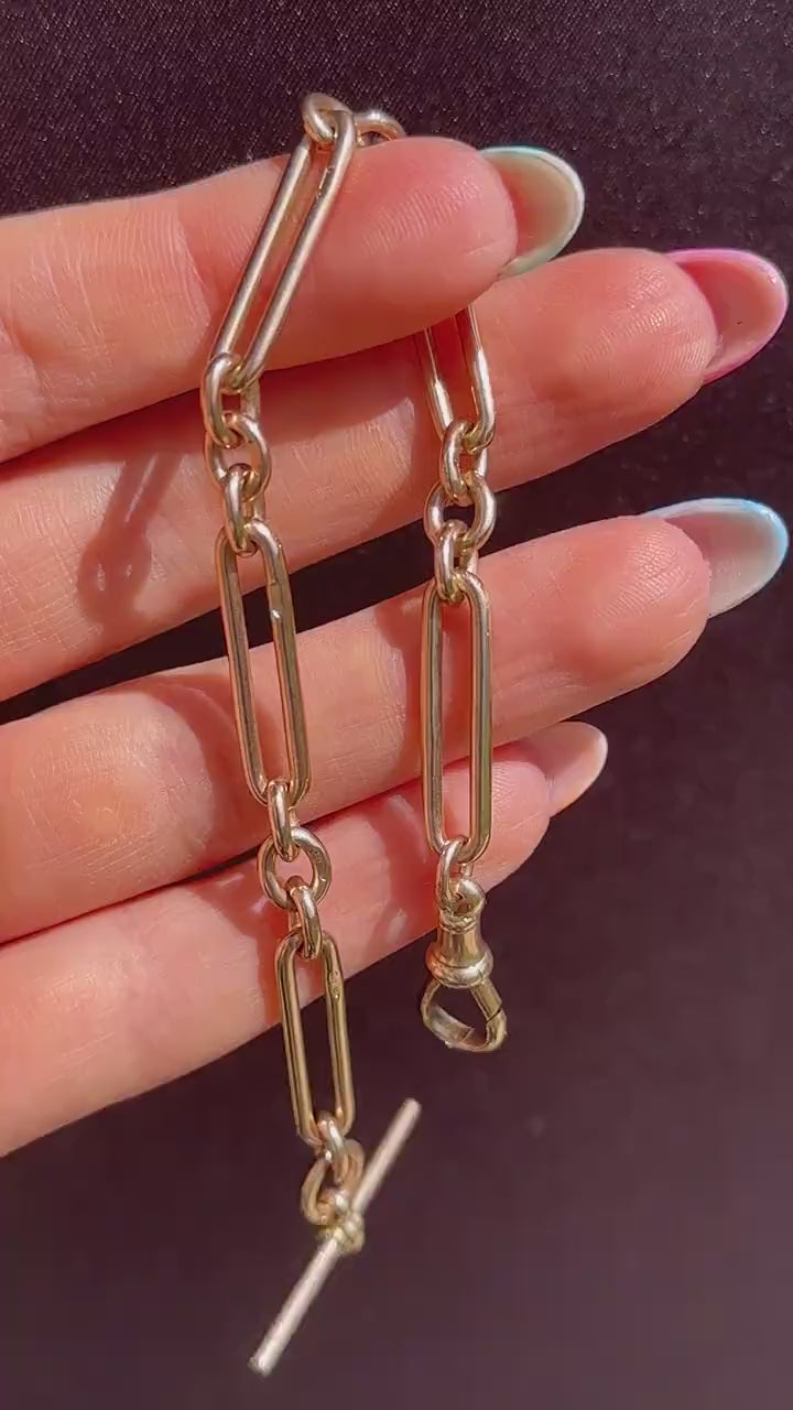 Antique '1924' 9ct Gold Trombone Link Bracelet with Dog Clip and T-bar 7.25"
