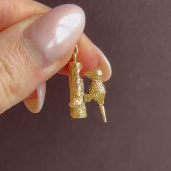 Vintage Articulated Woodpecker Bird 9ct Yellow Gold Charm Pendant