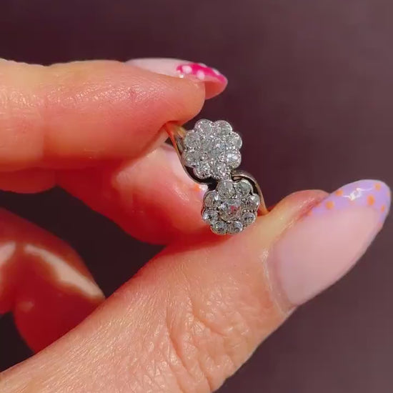 Antique Old Cut Diamond Daisy Cluster 'Toi Et Moi' Twist Gold Ring