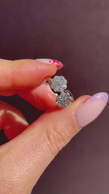 Antique Old Cut Diamond Daisy Cluster 'Toi Et Moi' Twist Gold Ring