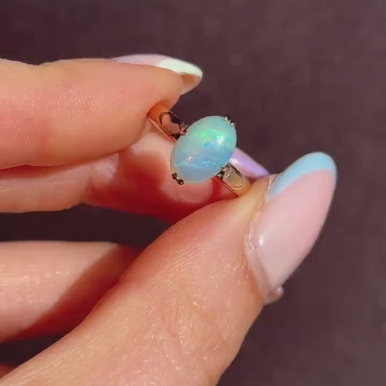 Art Deco Natural Opal Oval Solitaire 14ct Rose Gold Ring