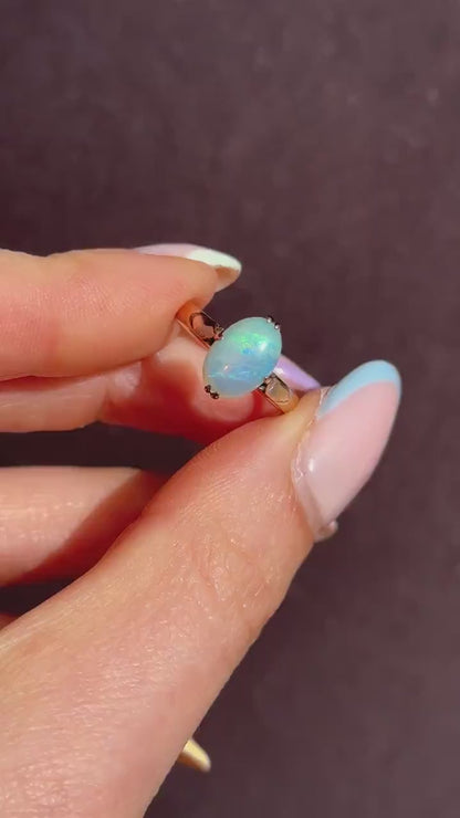 Art Deco Natural Opal Oval Solitaire 14ct Rose Gold Ring