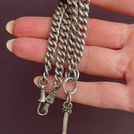Antique 14.5" Sterling Silver Curb Link Albert Watch Chain Necklace with T-Bar and Dog Clips