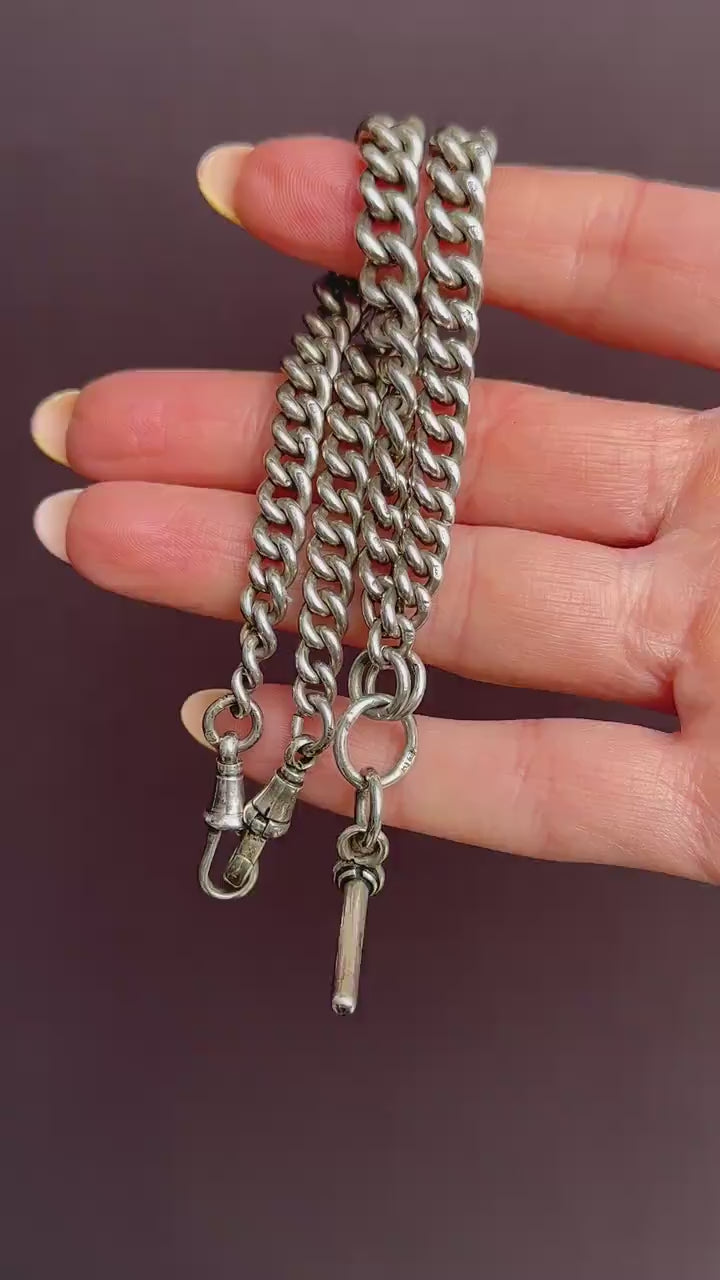 Antique 14.5" Sterling Silver Curb Link Albert Watch Chain Necklace with T-Bar and Dog Clips