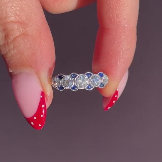 Old Cut Diamond and Blue Sapphire Five Stone Platinum Ring - 0.86ct total