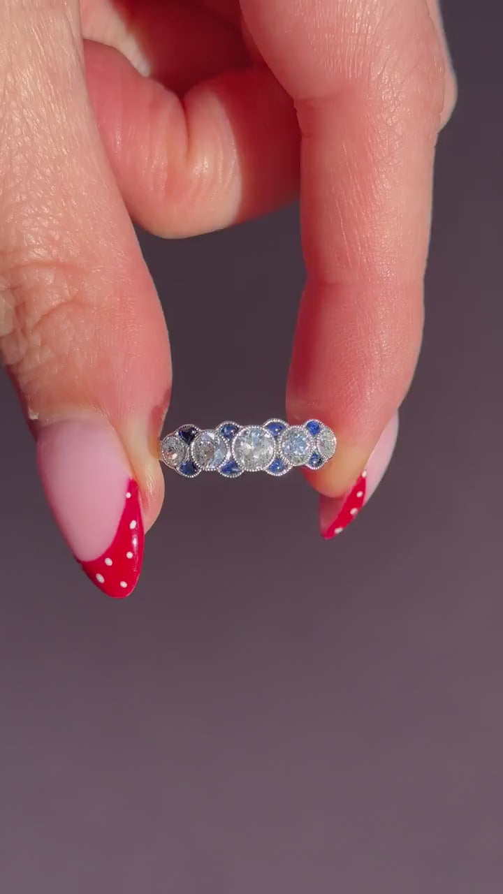 Old Cut Diamond and Blue Sapphire Five Stone Platinum Ring - 0.86ct total
