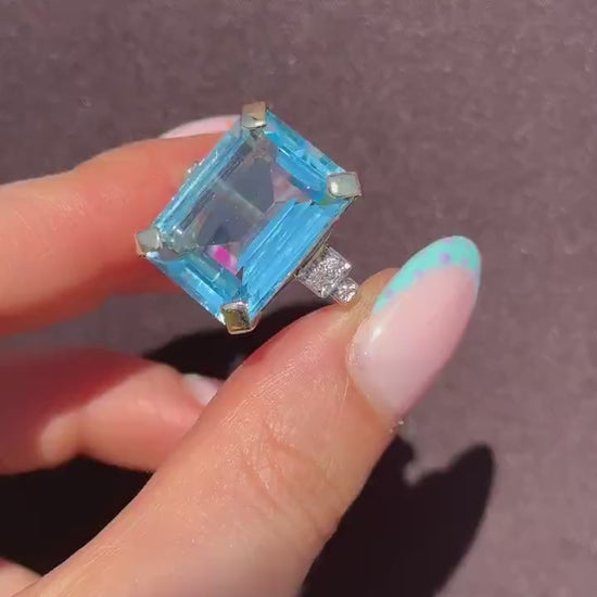 26ct Blue Topaz and Diamond Gold Statement Cocktail Ring | Art Deco Style
