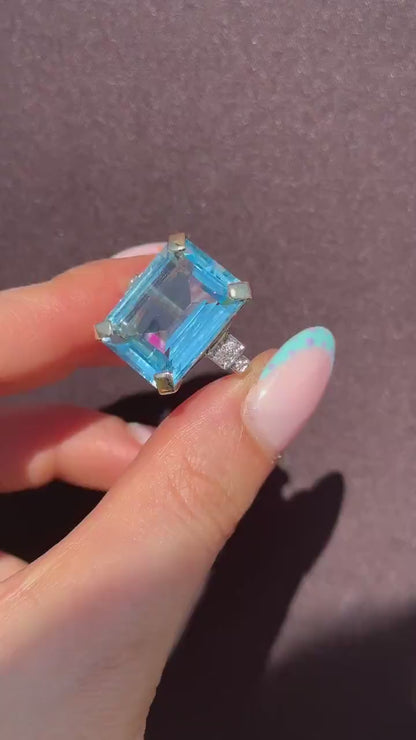 26ct Blue Topaz and Diamond Gold Statement Cocktail Ring | Art Deco Style