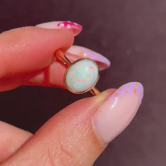 Antique Natural Opal Oval Solitaire 9ct Yellow Gold Ring