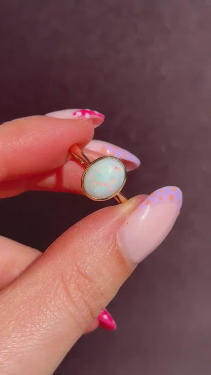 Antique Natural Opal Oval Solitaire 9ct Yellow Gold Ring