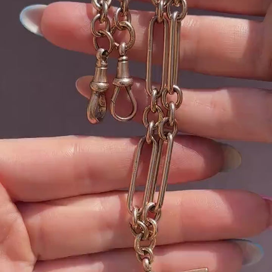Antique 9ct Rose Gold Trombone Link Albert Chain with Dog Clips and T-Bar | 16.5" length