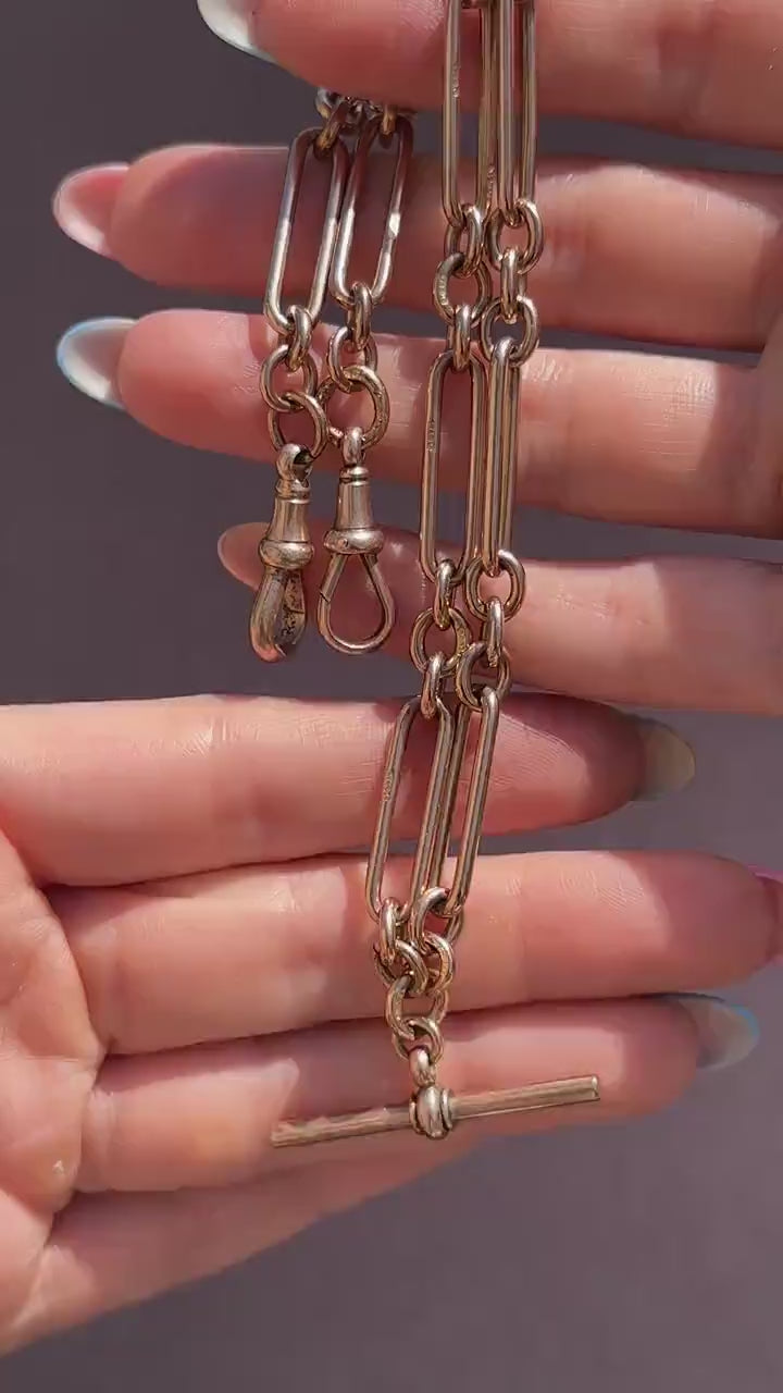 Antique 9ct Rose Gold Trombone Link Albert Chain with Dog Clips and T-Bar | 16.5" length