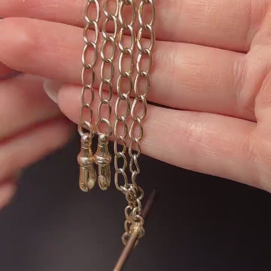 Art Deco 9ct Gold Oval Link Double Dog Clip Albert Watch Chain Necklace | 14"