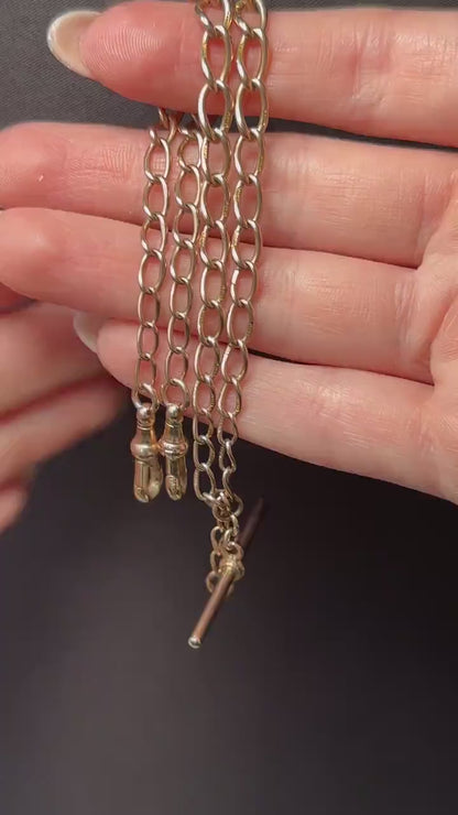 Art Deco 9ct Gold Oval Link Double Dog Clip Albert Watch Chain Necklace | 14"