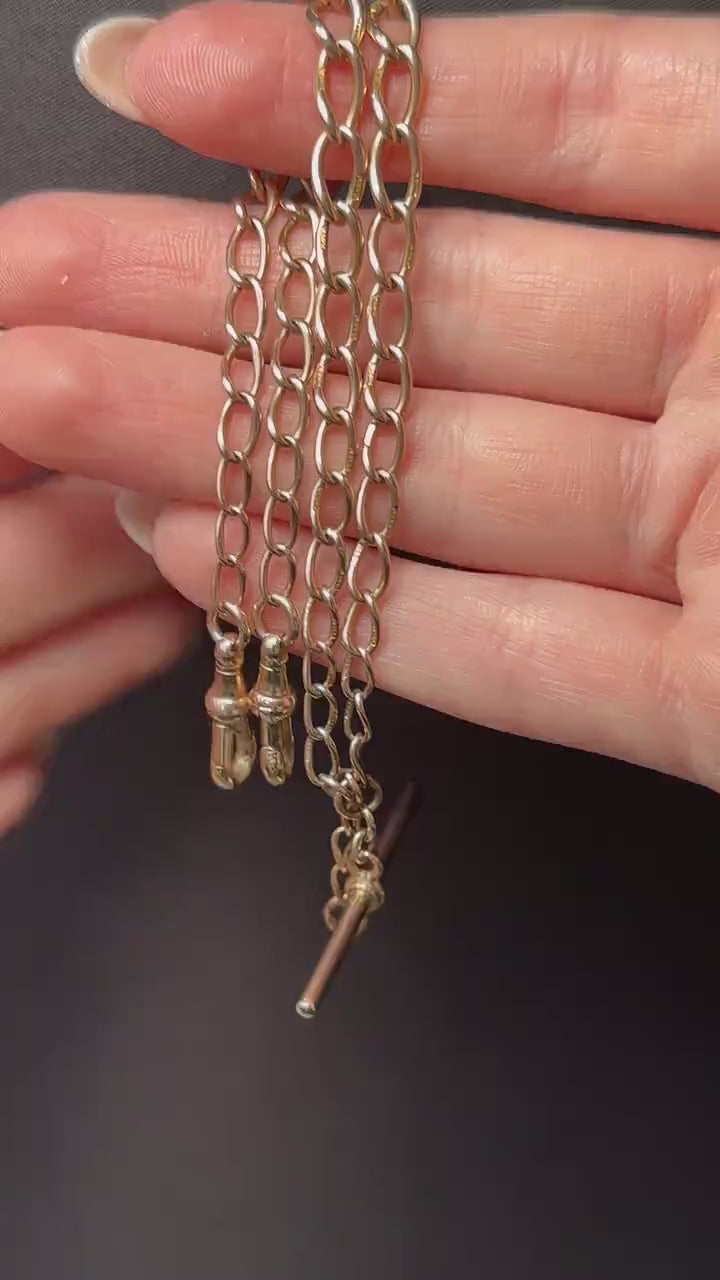 Art Deco 9ct Gold Oval Link Double Dog Clip Albert Watch Chain Necklace | 14"