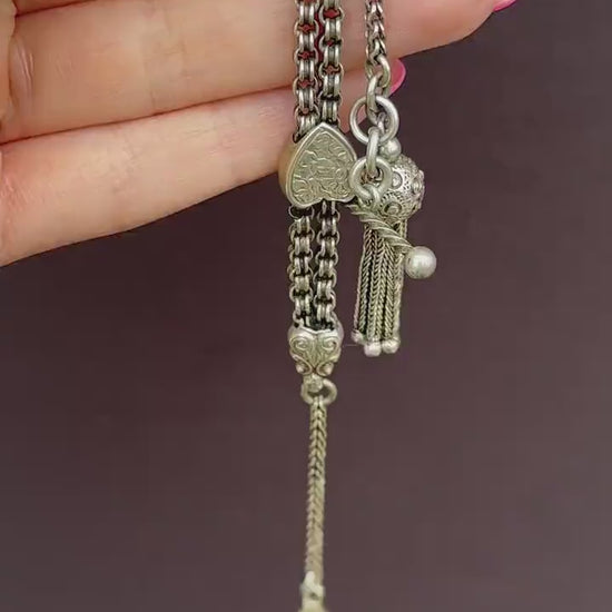 Antique Sterling Silver Heart Albertina Albert Watch Chain Bracelet with Tassel