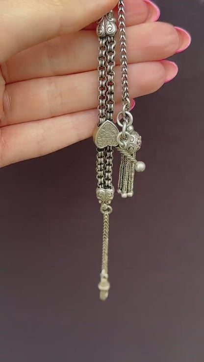Antique Sterling Silver Heart Albertina Albert Watch Chain Bracelet with Tassel