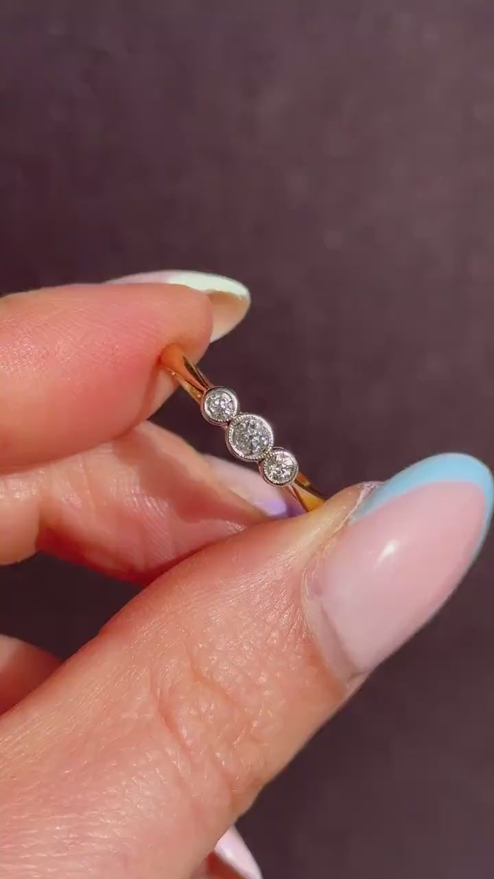 Antique Old Cut Diamond Bezel Set Three Stone 18ct Yellow Gold Ring