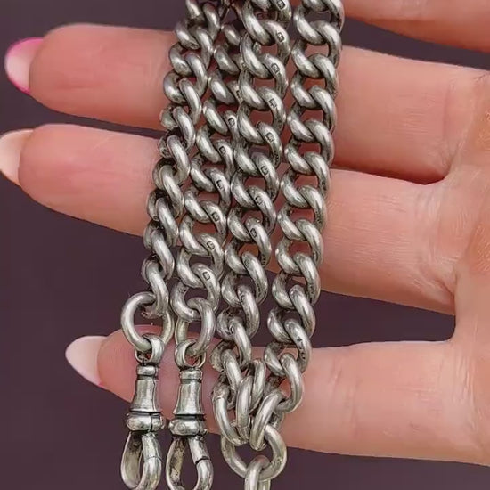 Antique Sterling Silver Curb Link Albert Watch Chain Necklace 15"