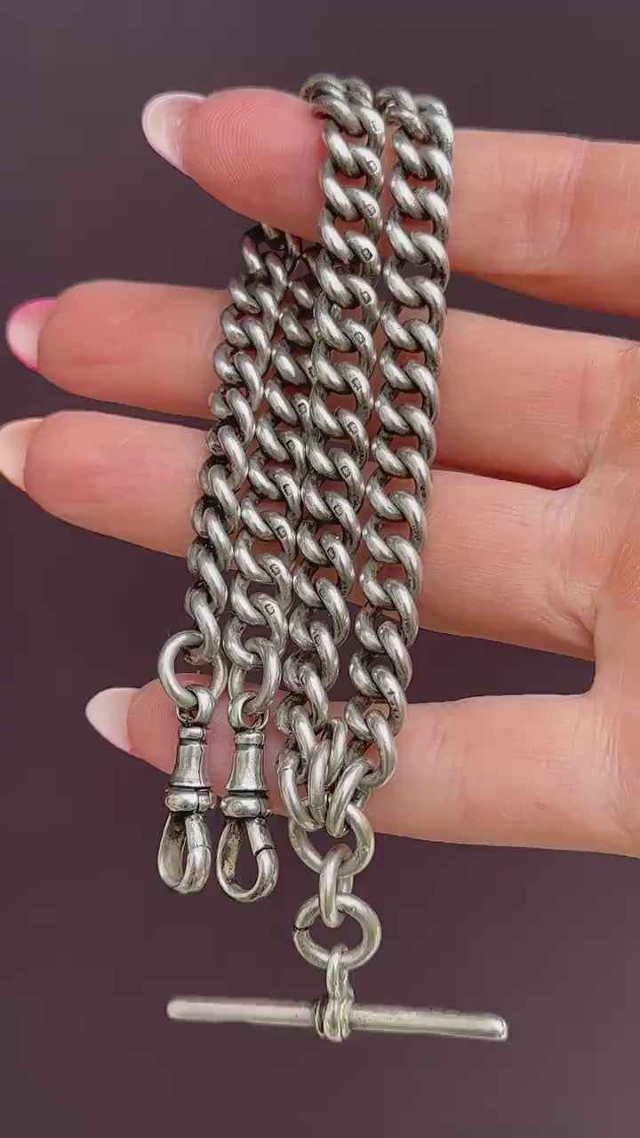 Antique Sterling Silver Curb Link Albert Watch Chain Necklace 15"