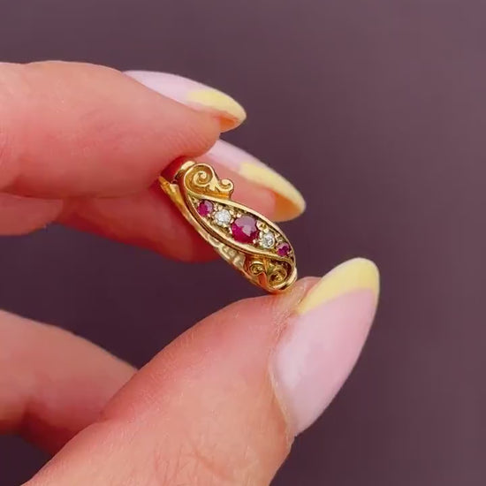 Antique Victorian Ruby Diamond Starburst 18ct Gold Band Ring | Dated 1913