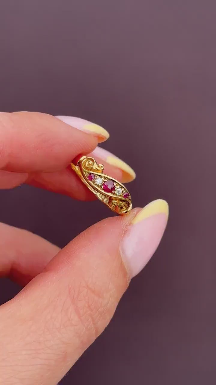 Antique Victorian Ruby Diamond Starburst 18ct Gold Band Ring | Dated 1913