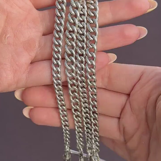 Antique 24" Sterling Silver Curb Link Albert Chain Necklace with Double Dog Clips and T-Bar