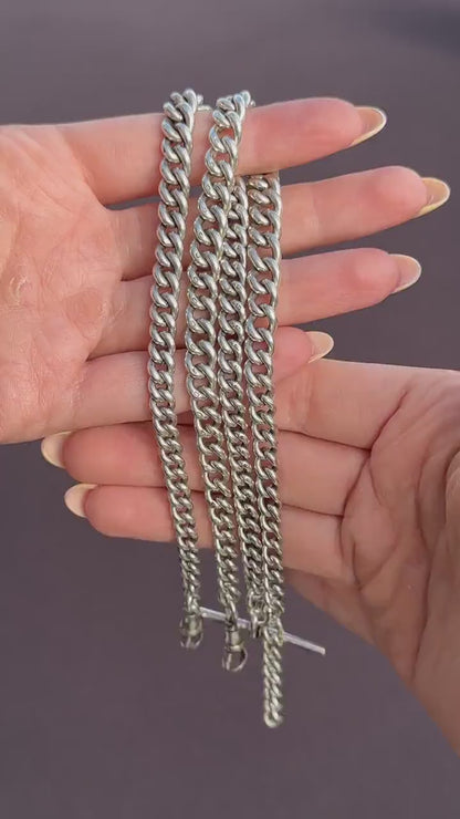 Antique 24" Sterling Silver Curb Link Albert Chain Necklace with Double Dog Clips and T-Bar