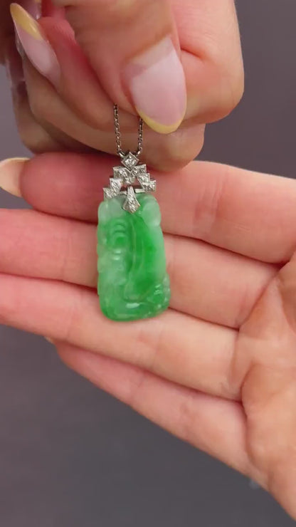 Art Deco Green Jade and Diamond Platinum Pendant Necklace | 15.75"