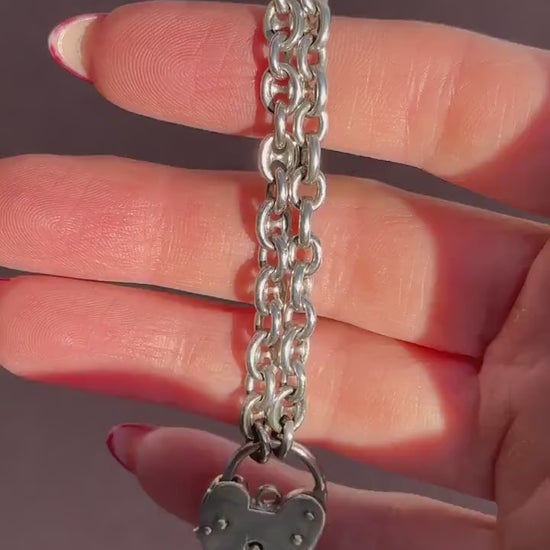 Vintage Mariner Link Sterling Silver Heart Padlock Bracelet