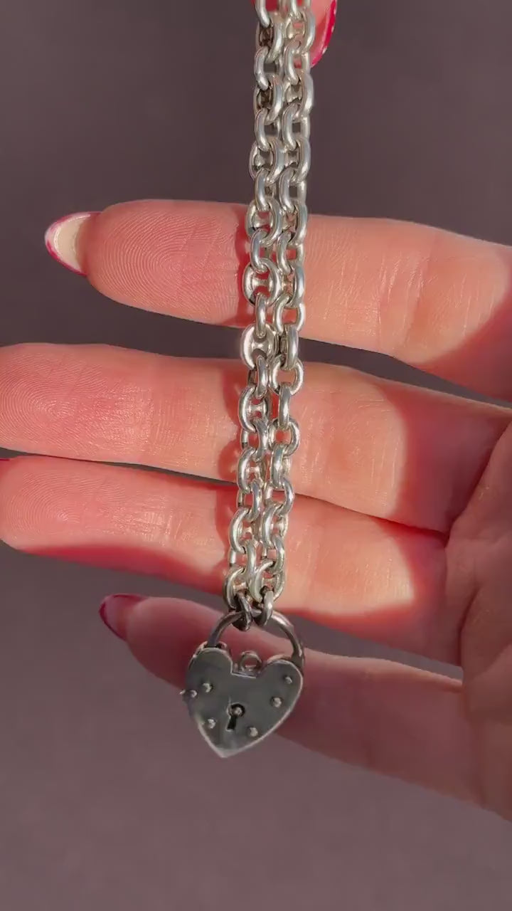 Vintage Mariner Link Sterling Silver Heart Padlock Bracelet