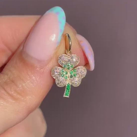 Diamond and Emerald Three-Leaf Clover 18ct Gold Charm Pendant