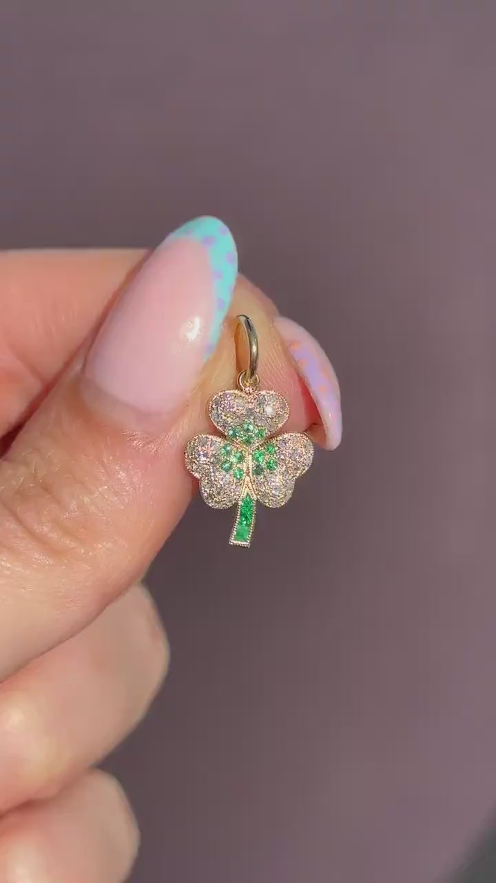 Diamond and Emerald Three-Leaf Clover 18ct Gold Charm Pendant