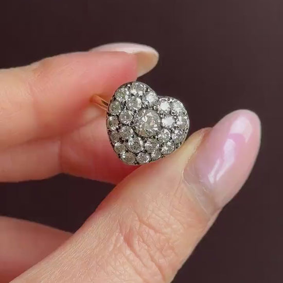 1.85ct Old Cut Diamond Heart Cluster 14ct Yellow Gold Ring
