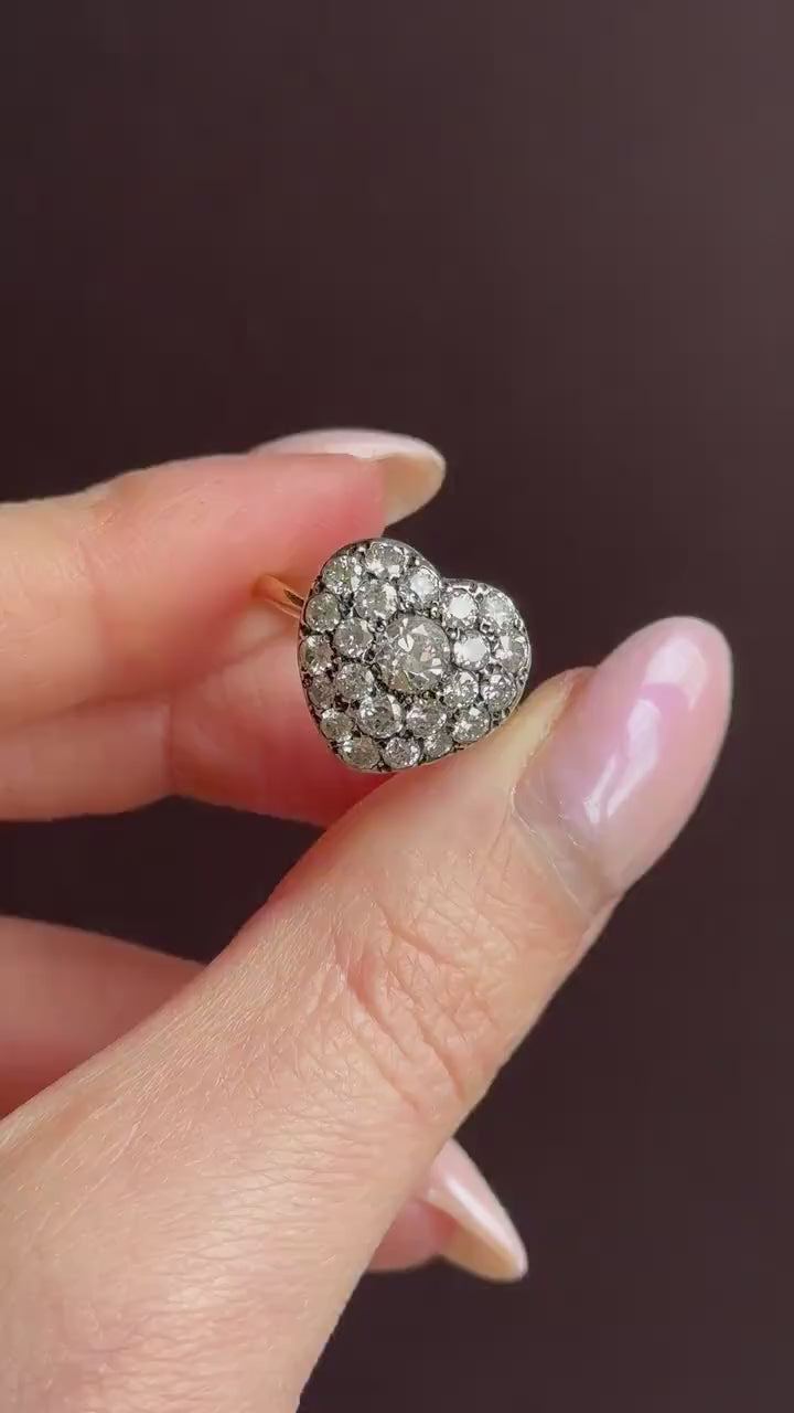 1.85ct Old Cut Diamond Heart Cluster 14ct Yellow Gold Ring