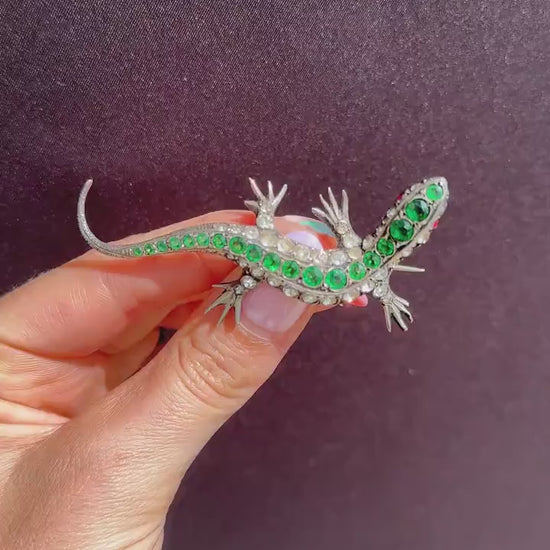 Antique Green Paste Silver Lizard Brooch | Victorian