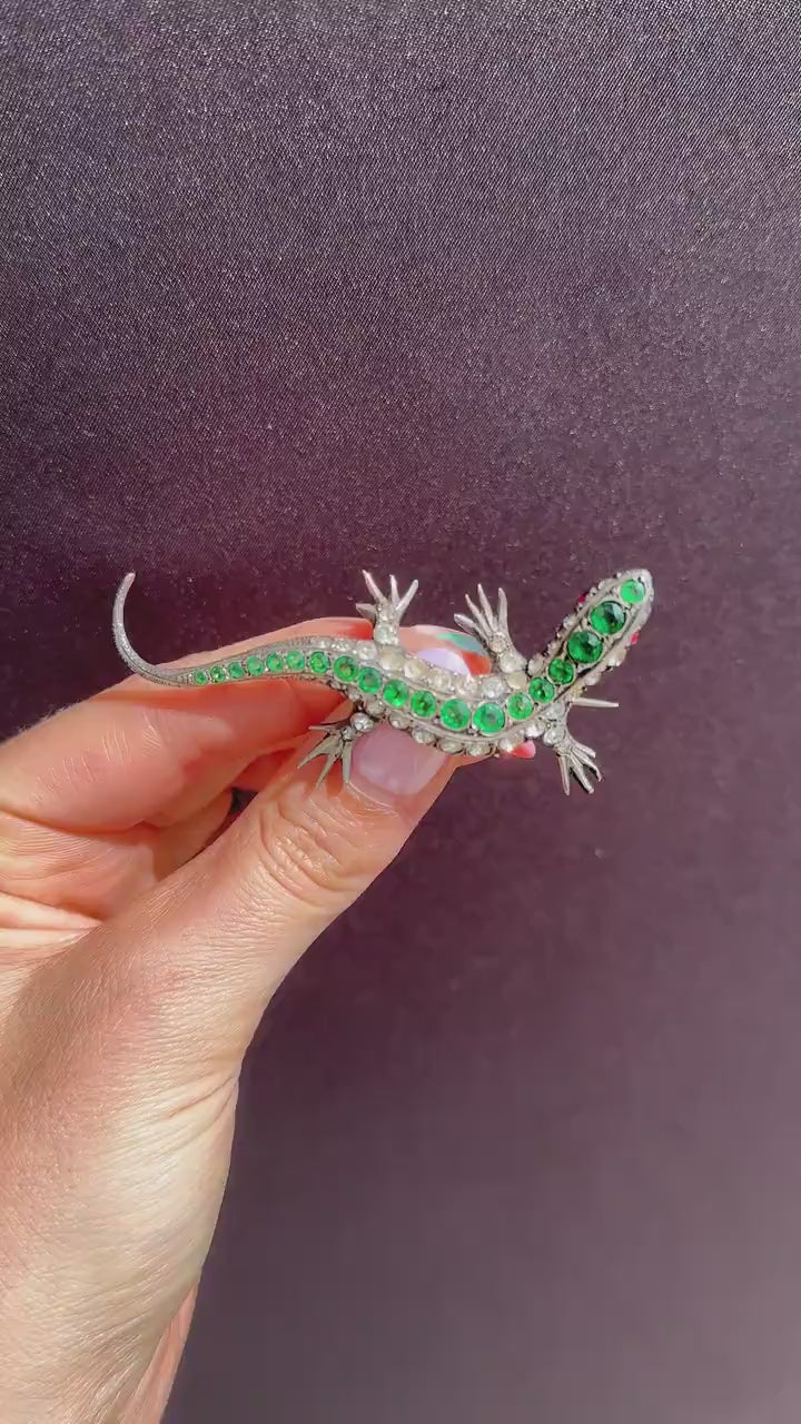 Antique Green Paste Silver Lizard Brooch | Victorian