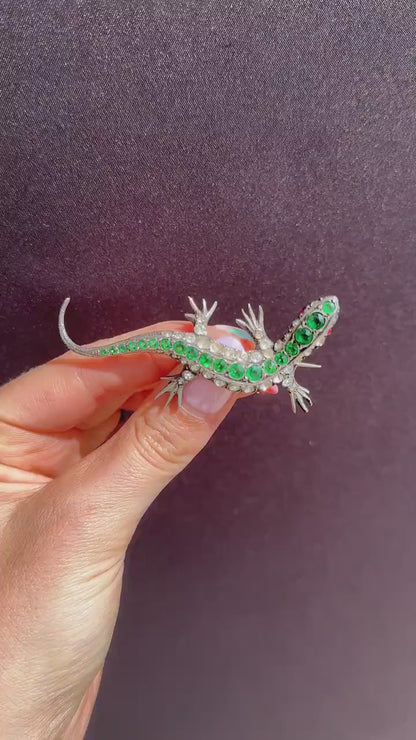 Antique Green Paste Silver Lizard Brooch | Victorian