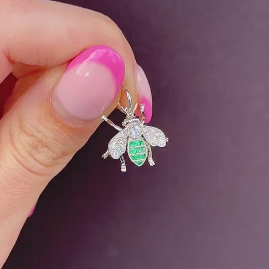 French Cut Emerald and Diamond Platinum Insect Bee Pendant