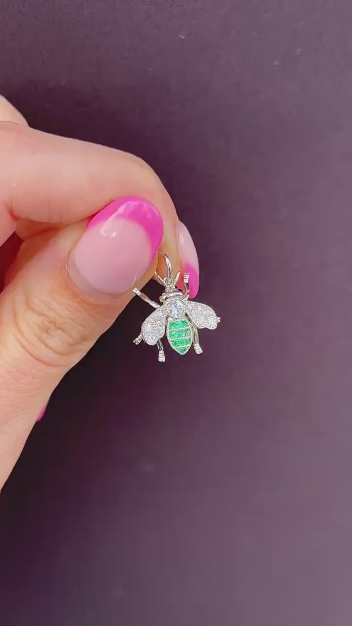 French Cut Emerald and Diamond Platinum Insect Bee Pendant